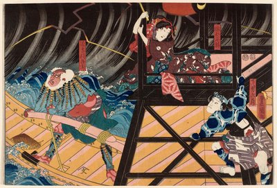 Actors Ichikawa Kuzo II as the Servant Genan Rokuzo, Iwai Kumesaburo III as the Daughter Musume Ofune, and Ichikawa Ebizo V as the Ferryman Watashimori Tonbei by Utagawa Kunisada